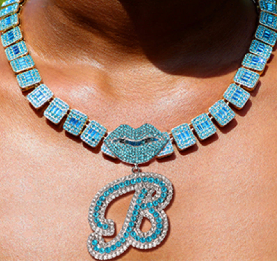 Women Cursive Initial Pendant Necklace Blue/Pink