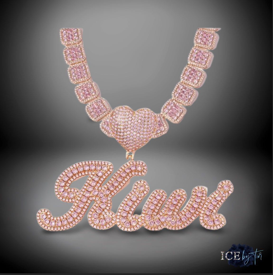 Tior Heart Iced Out Rose Gold/Pink Plated Name Pendant